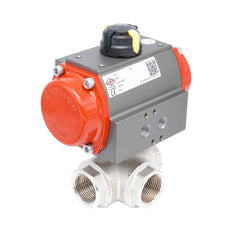 Rp 1" L-Bore 3-Way Pneumatic Brass Ball Valve - Spring Closing