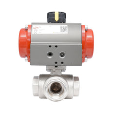 Rp 2" L-Bore 3-Way Pneumatic Brass Ball Valve - Spring Opening