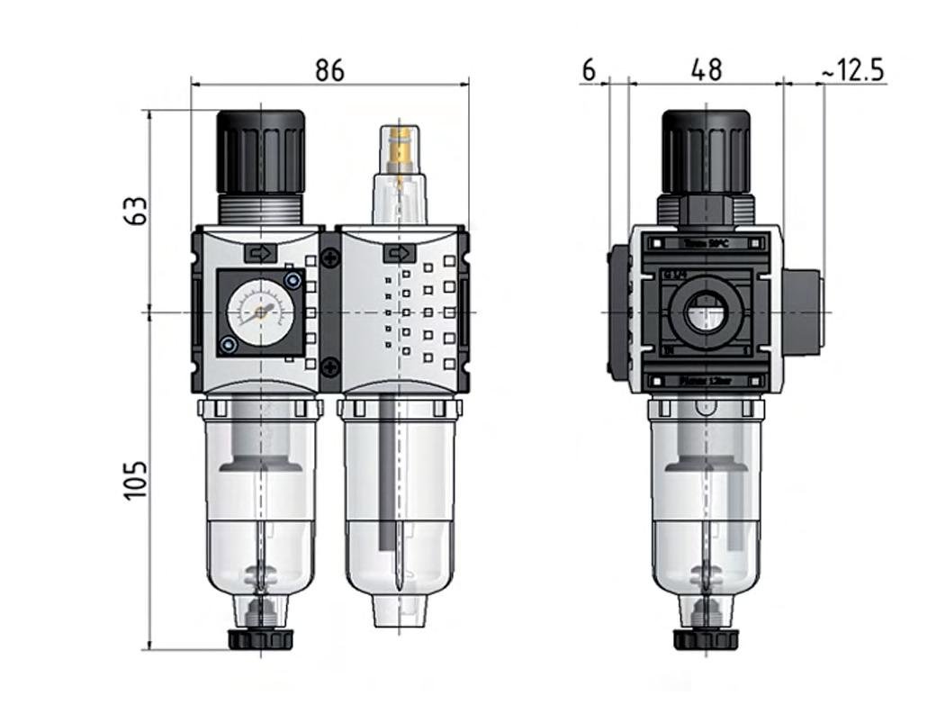 FRL 2-Part G1/4'' 800 l/min 0.5-8.0bar/7-116psi Auto 40 mm Pressure Gauge Metal Futura 0