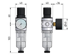 Filter-Regulator G1/8'' 1450 l/min 0.1-3.0bar/1-44psi Semi-Auto 40 mm Pressure Gauge Polycarbonate Multifix 0