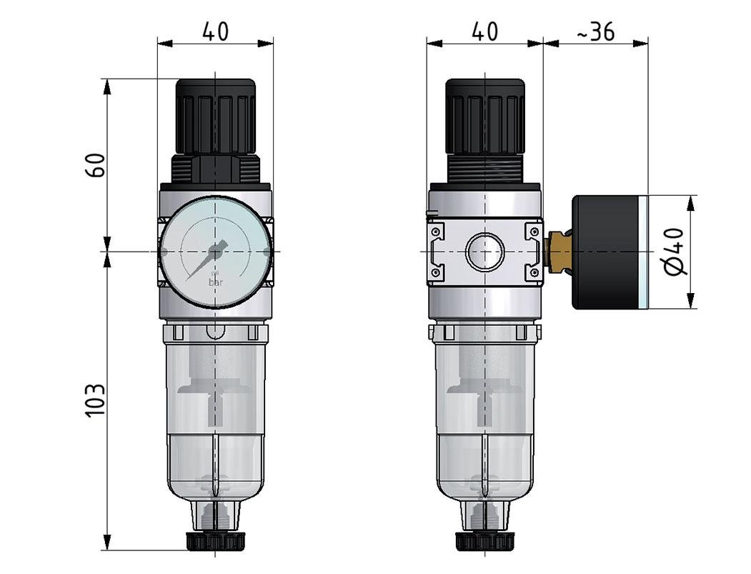 Filter-Regulator G1/4'' 1450 l/min 0.2-6.0bar/3-87psi Semi-Auto 40 mm Pressure Gauge Metal Multifix 0