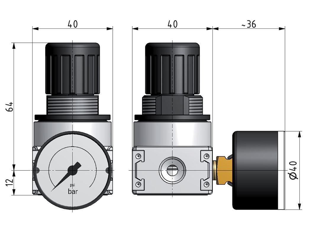 Pressure Regulator G1/4'' 700 l/min 0.5-10.0bar/7-145psi Air Water PA 40 mm Pressure Gauge Cylinder Lock Multifix 0