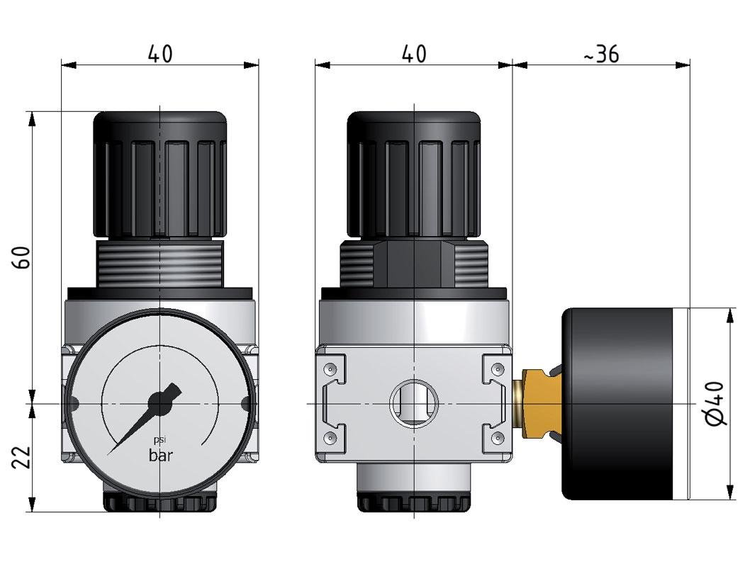 Pressure Regulator G1/4'' 1450 l/min 0.1-1.0bar/1-14psi Zinc Die-Cast 40 mm Pressure Gauge Multifix 0