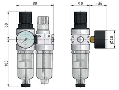 FRL 2-Part G1/8'' 700 l/min 0.2-6.0bar/3-87psi Semi-Auto 40 mm Pressure Gauge Polycarbonate Multifix 0