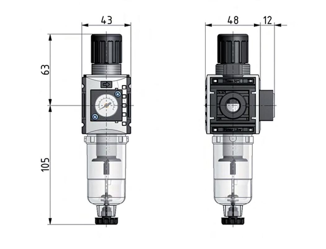 Filter-Regulator G1/4'' 1000 l/min 0.5-8.0bar/7-116psi Auto 40 mm Pressure Gauge Polycarbonate Futura 0