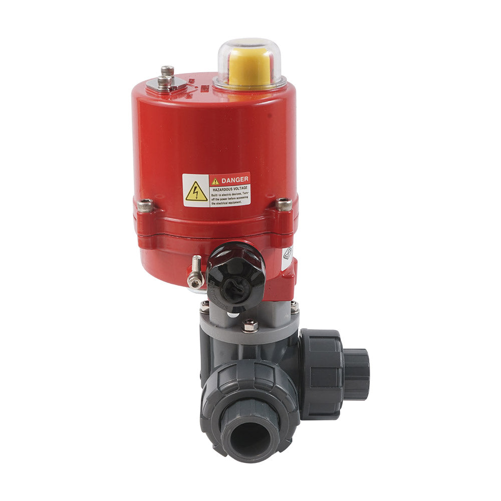 40mm Solvent Socket 3-Way PVC Electric Ball Valve L-Bore 100-240 V AC PTFE/EPDM