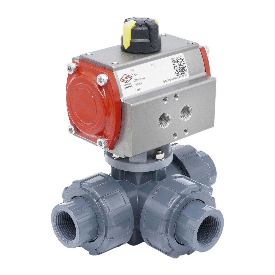 40mm Solvent Socket 3-Way PVC Pneumatic Ball Valve L-Bore Double Acting