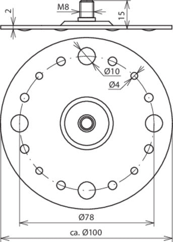 Dehn Fixing Plate D 100mm With M8 Threaded Bolt And 4 Bores - 297015