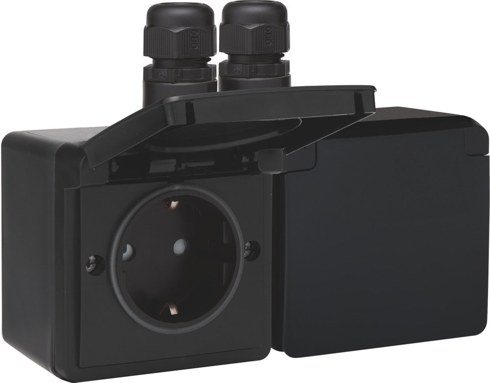 Niko Hydro Double Horizontal IP44 Socket Black 16A 250V - 761-37838
