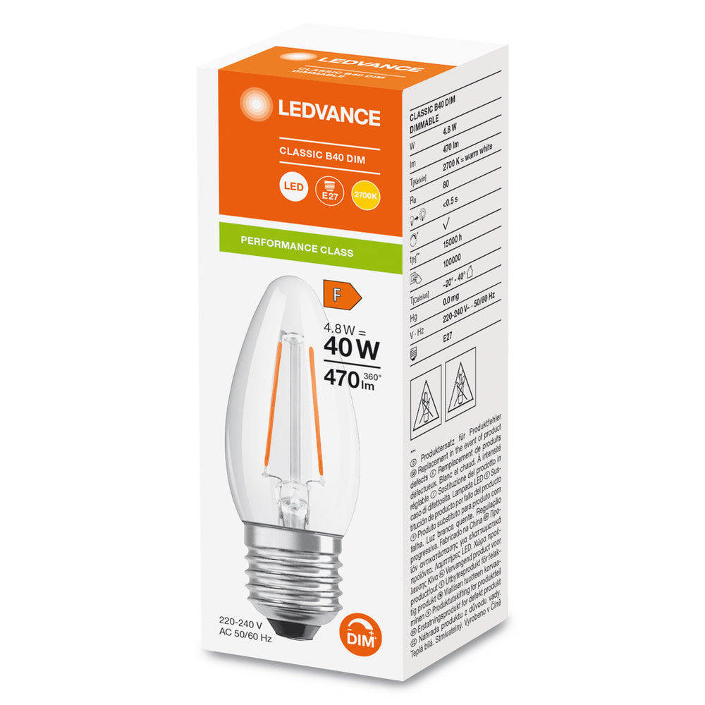 LED Classic Dimmable Candle E27 4.8W 827 Clear Glass - 4099854067495