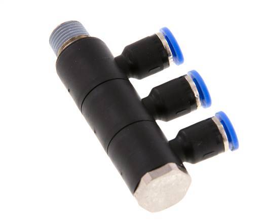 4mm x R1/8'' 3-way Manifold Push-in Fitting with Male Threads Brass/PA 66 NBR Rotatable