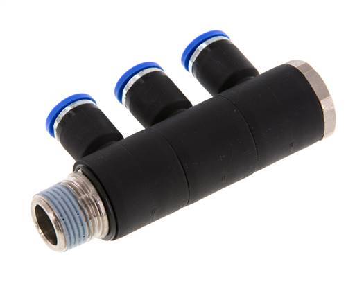 8mm x R3/8'' 3-way Manifold Push-in Fitting with Male Threads Brass/PA 66 NBR Rotatable
