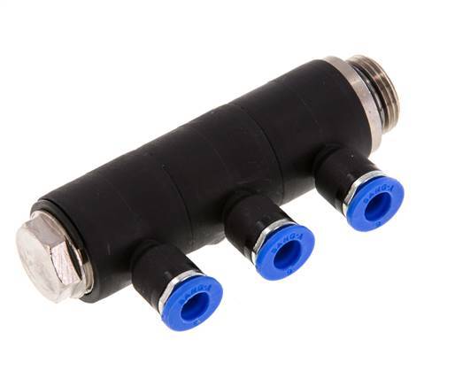 6mm x G3/8'' 3-way Manifold Push-in Fitting with Male Threads Brass/PA 66 NBR Rotatable