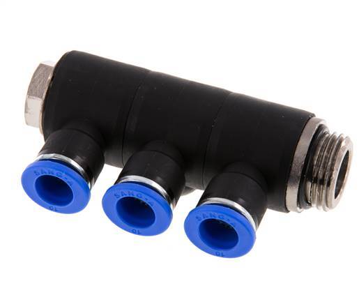 10mm x G1/2'' 3-way Manifold Push-in Fitting with Male Threads Brass/PA 66 NBR Rotatable
