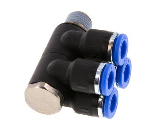 6mm x R1/8'' 4-way Manifold Push-in Fitting with Male Threads Brass/PA 66 NBR Rotatable