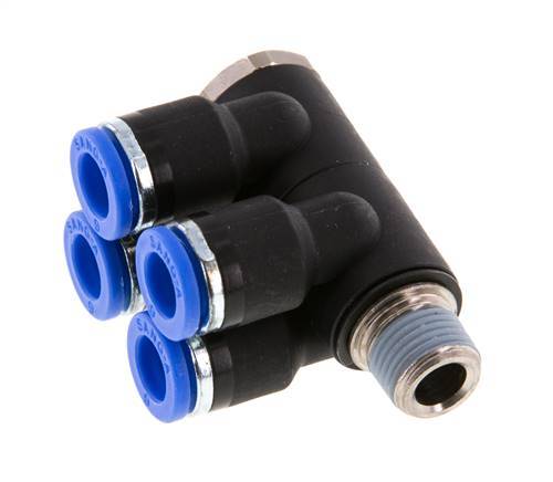 6mm x R1/8'' 4-way Manifold Push-in Fitting with Male Threads Brass/PA 66 NBR Rotatable