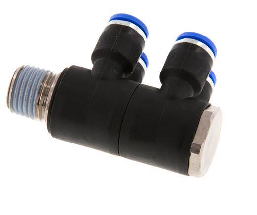 6mm x R1/4'' 4-way Manifold Push-in Fitting with Male Threads Brass/PA 66 NBR Rotatable