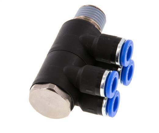 6mm x R1/4'' 4-way Manifold Push-in Fitting with Male Threads Brass/PA 66 NBR Rotatable