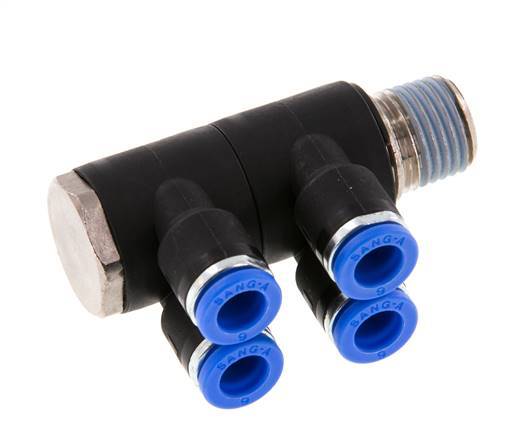 6mm x R1/4'' 4-way Manifold Push-in Fitting with Male Threads Brass/PA 66 NBR Rotatable