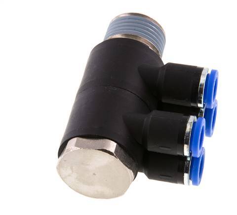 8mm x R1/2'' 4-way Manifold Push-in Fitting with Male Threads Brass/PA 66 NBR Rotatable