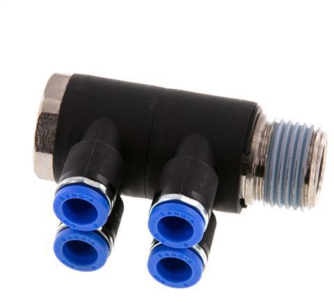 8mm x R1/2'' 4-way Manifold Push-in Fitting with Male Threads Brass/PA 66 NBR Rotatable