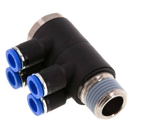 8mm x R1/2'' 4-way Manifold Push-in Fitting with Male Threads Brass/PA 66 NBR Rotatable