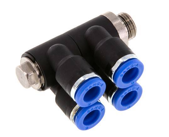 6mm x G1/8'' 4-way Manifold Push-in Fitting with Male Threads Brass/PA 66 NBR Rotatable