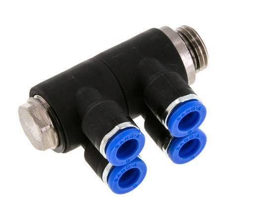 6mm x G1/4'' 4-way Manifold Push-in Fitting with Male Threads Brass/PA 66 NBR Rotatable