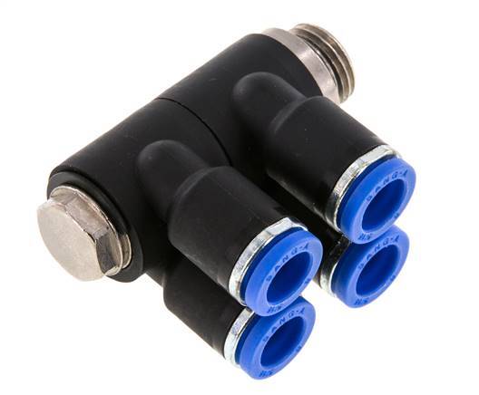 8mm x G1/4'' 4-way Manifold Push-in Fitting with Male Threads Brass/PA 66 NBR Rotatable