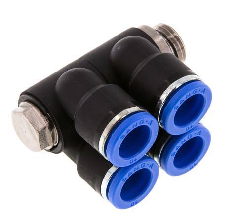 10mm x G1/4'' 4-way Manifold Push-in Fitting with Male Threads Brass/PA 66 NBR Rotatable