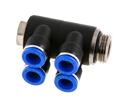 10mm x G1/2'' 4-way Manifold Push-in Fitting with Male Threads Brass/PA 66 NBR Rotatable