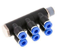 4mm x R1/8'' 6-way Manifold Push-in Fitting with Male Threads Brass/PA 66 NBR Rotatable