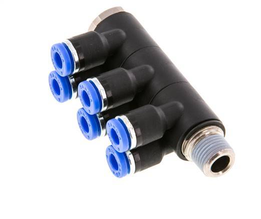 4mm x R1/8'' 6-way Manifold Push-in Fitting with Male Threads Brass/PA 66 NBR Rotatable