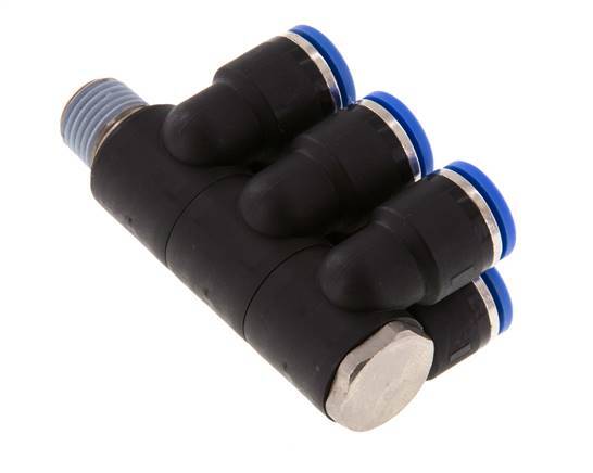 10mm x R1/4'' 6-way Manifold Push-in Fitting with Male Threads Brass/PA 66 NBR Rotatable