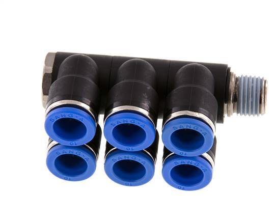 10mm x R1/4'' 6-way Manifold Push-in Fitting with Male Threads Brass/PA 66 NBR Rotatable