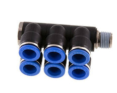 10mm x R1/4'' 6-way Manifold Push-in Fitting with Male Threads Brass/PA 66 NBR Rotatable