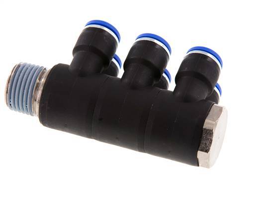 10mm x R1/2'' 6-way Manifold Push-in Fitting with Male Threads Brass/PA 66 NBR Rotatable