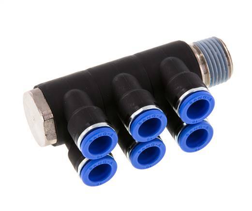 10mm x R1/2'' 6-way Manifold Push-in Fitting with Male Threads Brass/PA 66 NBR Rotatable