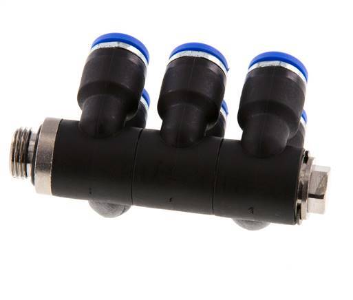 6mm x G1/8'' 6-way Manifold Push-in Fitting with Male Threads Brass/PA 66 NBR Rotatable