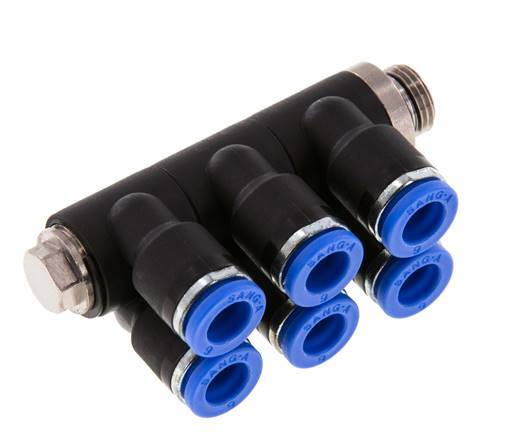 6mm x G1/8'' 6-way Manifold Push-in Fitting with Male Threads Brass/PA 66 NBR Rotatable