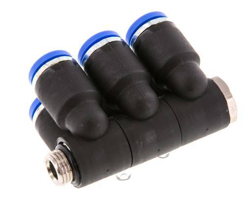 8mm x G1/8'' 6-way Manifold Push-in Fitting with Male Threads Brass/PA 66 NBR Rotatable