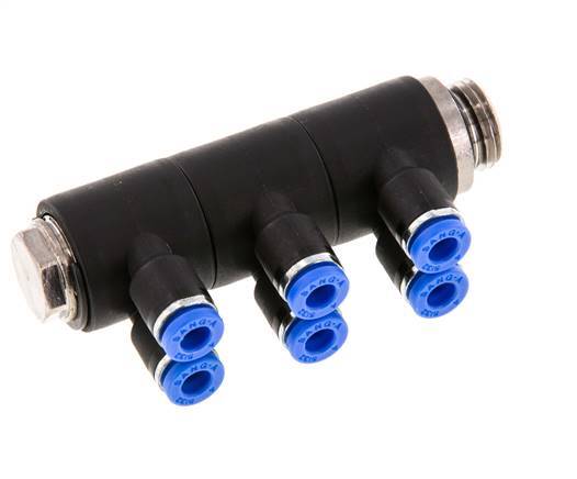 4mm x G1/4'' 6-way Manifold Push-in Fitting with Male Threads Brass/PA 66 NBR Rotatable