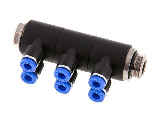 4mm x G1/4'' 6-way Manifold Push-in Fitting with Male Threads Brass/PA 66 NBR Rotatable