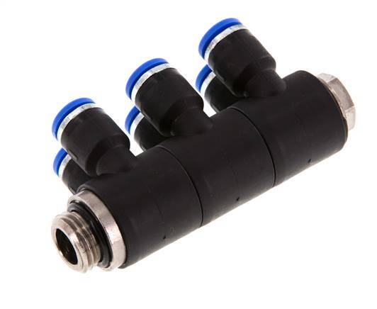 6mm x G1/4'' 6-way Manifold Push-in Fitting with Male Threads Brass/PA 66 NBR Rotatable