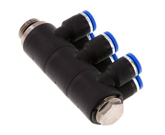 6mm x G1/4'' 6-way Manifold Push-in Fitting with Male Threads Brass/PA 66 NBR Rotatable