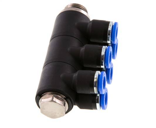 6mm x G1/4'' 6-way Manifold Push-in Fitting with Male Threads Brass/PA 66 NBR Rotatable