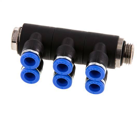 6mm x G1/4'' 6-way Manifold Push-in Fitting with Male Threads Brass/PA 66 NBR Rotatable