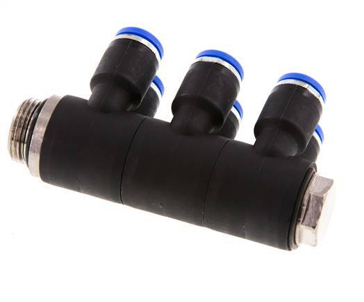 8mm x G3/8'' 6-way Manifold Push-in Fitting with Male Threads Brass/PA 66 NBR Rotatable