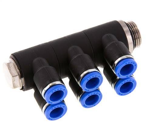 8mm x G3/8'' 6-way Manifold Push-in Fitting with Male Threads Brass/PA 66 NBR Rotatable