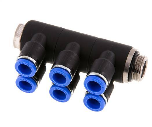 8mm x G3/8'' 6-way Manifold Push-in Fitting with Male Threads Brass/PA 66 NBR Rotatable